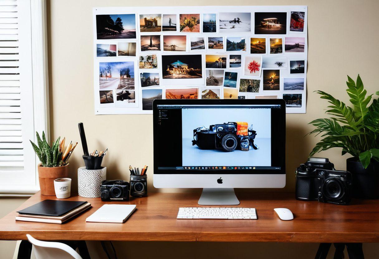 A captivating workspace scene featuring a photographer's desk, with an open laptop displaying a photo editing software interface, scattered with vibrant prints of before-and-after photographs. A camera, editing tools, and a framed inspirational quote about creativity emphasize the theme of digital photo management. Soft, warm lighting bathes the scene for a welcoming atmosphere. super-realistic. vibrant colors. cozy ambiance.