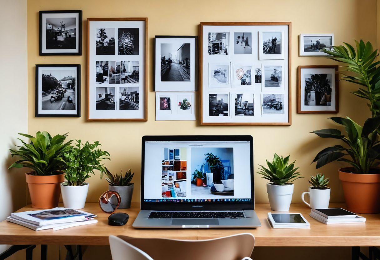 A cozy home office filled with digital gadgets and colorful folders, featuring a person joyfully organizing photos on a laptop. In the background, a wall of framed memories and a potted plant add warmth. Bright light illuminates the space, emphasizing a sense of productivity and creativity. super-realistic. vibrant colors. warm tones.