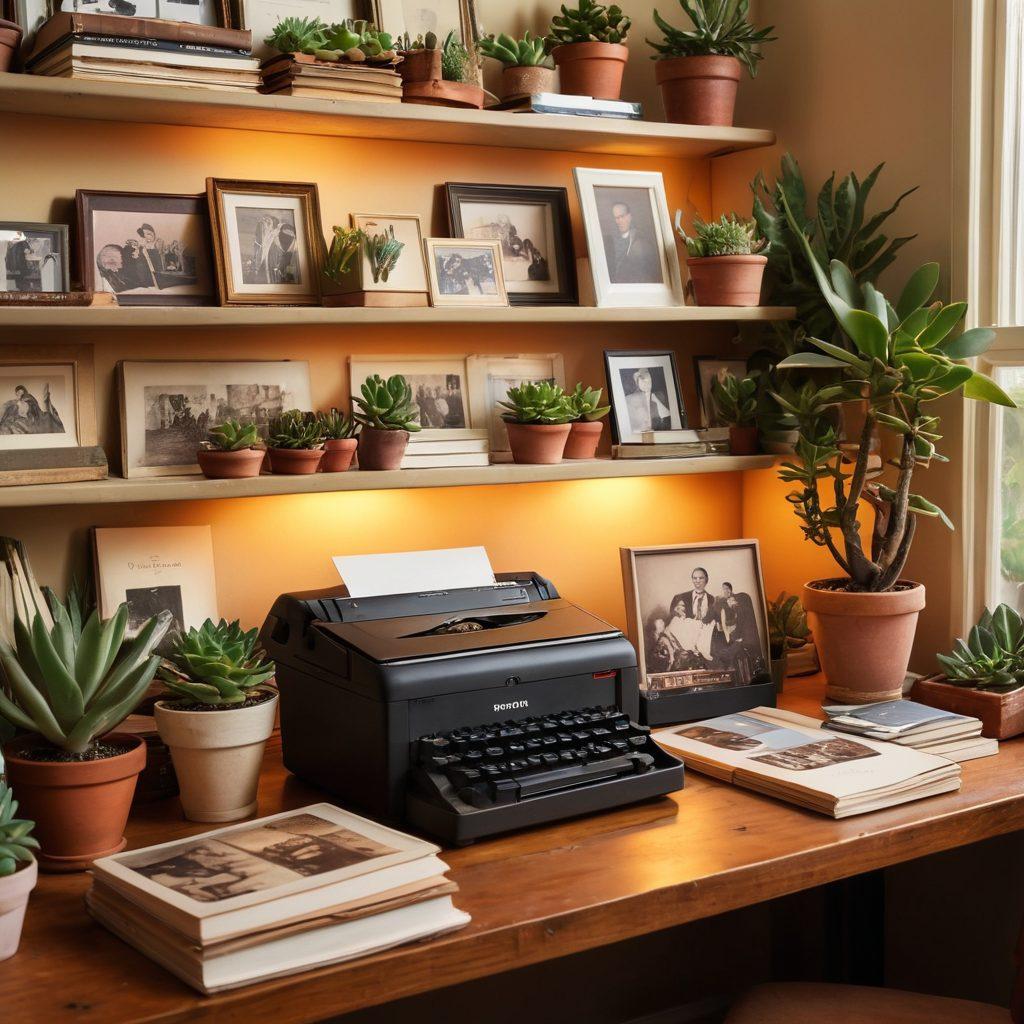 A cozy workspace featuring a vintage scanner, stacks of old photographs, and a laptop displaying a digital organization tool. Warm lighting creates a nostalgic atmosphere, while succulents add a touch of greenery to the scene. The background includes shelves filled with archival boxes and books about photography. A subtle hint of a memory timeline can be drawn in the corner. super-realistic. warm colors. cozy atmosphere.